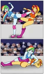 Size: 1000x1687 | Tagged: safe, artist:linedraweer, derpibooru import, rainbow dash, sunset shimmer, fighting is magic, equestria girls, armpits, audience, belly button, camera flashes, clothes, comic, commission, crowd, fight, kick, kicking, midriff, pin, pinfall, pinning, sports, sports bra, sports panties, super kick, unconscious, wrestling, wrestling ring
