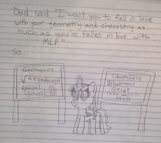 Size: 547x488 | Tagged: alicorn, artist:nightshadowmlp, chalk, chalkboard, chemistry, derpibooru import, female, geometry, glowing horn, horn, implied water, lined paper, mare, math, radicand, safe, solo, square root, text, traditional art, twilight sparkle, twilight sparkle (alicorn)