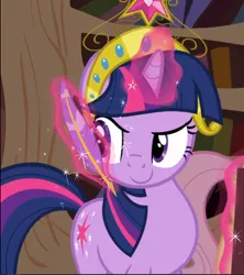 Size: 834x940 | Tagged: safe, derpibooru import, screencap, twilight sparkle, pony, unicorn, magical mystery cure, big crown thingy, confident, cropped, element of magic, glowing horn, golden oaks library, horn, jewelry, levitation, magic, quill, regalia, smiling, smirk, telekinesis, unicorn twilight