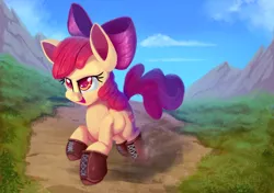 Size: 2000x1407 | Tagged: safe, artist:discorded, artist:litrojia, derpibooru import, apple bloom, earth pony, pony, boots, clothes, collaboration, female, filly, open mouth, running, scenery, shoes, solo