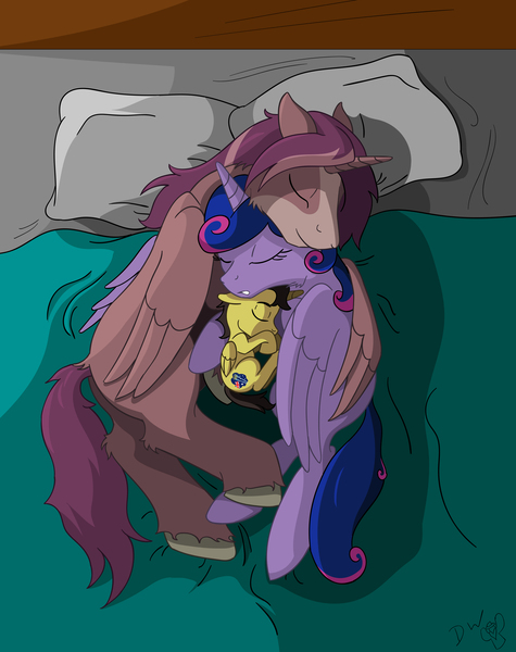 Size: 4834x6101 | Tagged: safe, artist:cactuscowboydan, derpibooru import, oc, oc:king speedy hooves, oc:queen galaxia, oc:tommy the human, ponified, alicorn, human, pony, alicorn oc, blanket, child, colt, commissioner:bigonionbean, cutie mark, family, father and child, father and son, female, floppy ears, foal, fusion, fusion:king speedy hooves, fusion:queen galaxia, herd, horn, human oc, husband and wife, male, mare, matress, mother and child, mother and son, pillow, royal family, sleeping, stallion, straight, wings