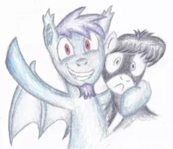 Size: 1024x885 | Tagged: safe, artist:bitgamer, derpibooru import, oc, oc:quick draw, oc:tommy junior, earth pony, pony, vampire, vampony, bat wings, colored pencil drawing, colt, facial hair, fangs, goatee, happy, i need an adult, looking at you, male, oc x oc, red eyes, scared, shipping, simple background, stallion, traditional art, white background, wings