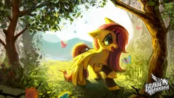 Size: 3840x2160 | Tagged: safe, artist:erinliona, derpibooru import, fluttershy, butterfly, pegasus, pony, 4k, amazed, bracer, cute, digital art, ear piercing, emoshy, forest, happy, looking at something, makeup, mountain, mountain range, open mouth, outdoors, piercing, raised hoof, scenery, shyabetes, solo, spread wings, tongue out, tree, wallpaper, wings