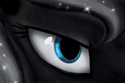 Size: 1095x730 | Tagged: safe, artist:everypone, derpibooru import, edit, editor:ice star, princess luna, alicorn, pony, bangs, close-up, description is relevant, ethereal mane, eye, flowing mane, solo, starry mane