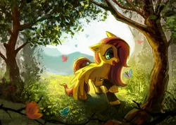 Size: 2560x1810 | Tagged: safe, artist:erinliona, derpibooru import, fluttershy, butterfly, pegasus, pony, amazed, bracer, cute, digital art, ear piercing, emoshy, forest, happy, looking at something, makeup, mountain, mountain range, open mouth, outdoors, piercing, raised hoof, scenery, shyabetes, solo, spread wings, tongue out, tree, wings