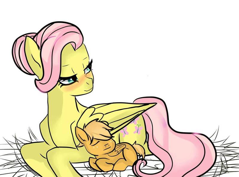 Size: 1024x759 | Tagged: safe, artist:xeritra, derpibooru import, fluttershy, oc, oc:golden breeze, pegasus, pony, baby, baby pony, blank flank, blushing, colt, duo, eyes closed, female, freckles, hair bun, lidded eyes, male, mare, mother and child, mother and son, offspring, older, older fluttershy, parent:big macintosh, parent:fluttershy, parents:fluttermac, prone, simple background, sleeping, snuggling, wavy mouth, white background