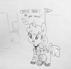 Size: 1474x1440 | Tagged: safe, artist:tjpones, derpibooru import, oc, oc:office mare, unofficial characters only, earth pony, pony, dialogue, ear fluff, female, flag, grayscale, lineart, mare, monochrome, necktie, office, pencil, simple background, solo, traditional art, watch, wristwatch