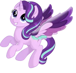 Size: 1600x1535 | Tagged: safe, artist:n0kkun, derpibooru import, starlight glimmer, alicorn, pony, rainbow roadtrip, alicornified, colored wings, commission, female, flying, happy, looking up, mare, movie, movie accurate, multicolored wings, race swap, rainbow wings, simple background, smiling, solo, spread wings, starlicorn, transparent background, vector, wing bling, wings, xk-class end-of-the-world scenario