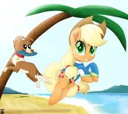 Size: 6200x5500 | Tagged: safe, artist:theretroart88, derpibooru import, applejack, winona, ponified, pony, my little pony: the movie, beach, clothes, equestria girls outfit, equestria girls ponified, frisbee, movie accurate, palm tree, swimsuit, tree