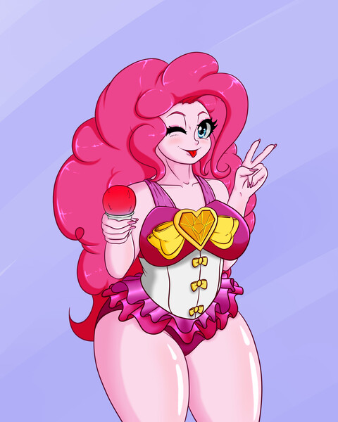 Size: 2000x2500 | Tagged: suggestive, artist:albertbm, derpibooru import, pinkie pie, equestria girls, equestria girls series, forgotten friendship, breasts, busty pinkie pie, clothes, female, food, hips, ice cream, one eye closed, peace sign, sexy, smiling, snow cone, solo, solo female, stupid sexy pinkie, swimsuit, thick, thighs, thunder thighs, tongue out, wide hips, wink