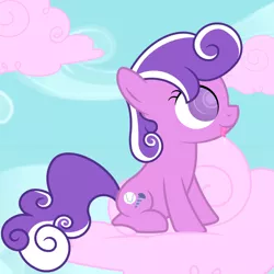 Size: 2500x2500 | Tagged: safe, artist:pizzamovies, derpibooru import, screwball, pony, baseball, cloud, cotton candy, cotton candy cloud, cutie mark, drool, female, filly, food, looking up, sitting, sky, solo, sports, tongue out