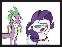 Size: 5577x4292 | Tagged: safe, artist:ma.no.m.ca, artist:tjpones, derpibooru import, editor:ma.no.m.ca, rarity, spike, dragon, pony, unicorn, fanfic:like fine wine, spoiler:comic, eyes on the prize, female, male, older, older rarity, raised tail, shipping, sparity, straight, sweat, tail