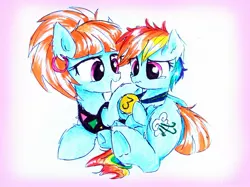 Size: 1350x1011 | Tagged: safe, artist:liaaqila, derpibooru import, rainbow dash, windy whistles, pony, comforting, crying, cute, ear piercing, earring, female, filly, filly rainbow dash, jewelry, like mother like daughter, mare, medal, mother and child, mother and daughter, piercing, sad, third place, third place medal, traditional art, young, younger