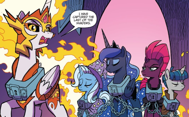 Size: 822x509 | Tagged: artist:tonyfleecs, chains, collar, daybreaker, derpibooru import, idw, nightmare knights, princess luna, safe, spoiler:comic, spoiler:comicnightmareknights05, stygian, tempest shadow, trixie