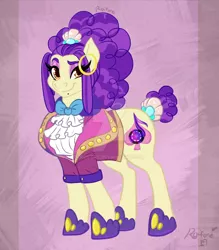 Size: 1024x1167 | Tagged: safe, artist:roifore, derpibooru import, oc, unofficial characters only, earth pony, pony, beauty mark, bowtie, clothes, cravat, deviantart watermark, ear piercing, earring, eyeshadow, female, hooped earrings, jacket, jewelry, magical lesbian spawn, makeup, mare, mole, obtrusive watermark, offspring, parent:sapphire shores, parent:torch song, parents:torchshores, pony shoes, signature, solo, watermark