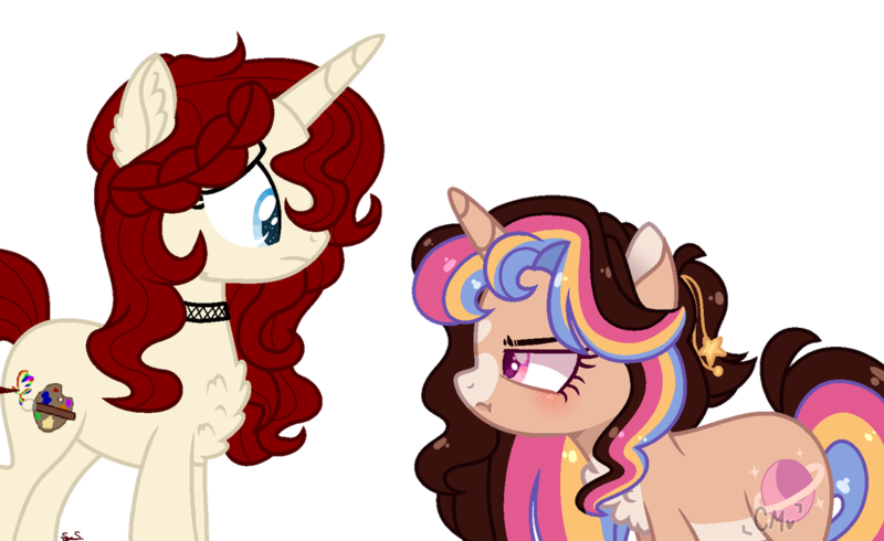 Size: 1024x627 | Tagged: safe, artist:moon-rose-rosie, artist:seaswirlsyt, derpibooru import, oc, oc:kim, oc:melanie, unofficial characters only, pony, unicorn, chest fluff, female, mare, simple background, transparent background