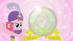 Size: 1600x900 | Tagged: safe, artist:afkrobot, artist:mahaugher, artist:sailortrekkie92, derpibooru import, pinkie pie, earth pony, pony, crystal ball, female, madame pinkie, mare, mystical orb of fate's destiny, pink background, simple background, solo, wallpaper