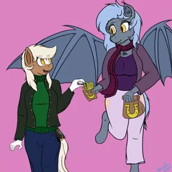 Size: 1500x1500 | Tagged: safe, artist:darnelg, derpibooru import, oc, oc:panne, unofficial characters only, anthro, bat pony, earth pony, unguligrade anthro, clothes, digital art, duo, duo female, epona, female, flying, food, membranous wings, sharing, sheikah slate, simple background, smiling, socks (coat marking), the legend of zelda, wings