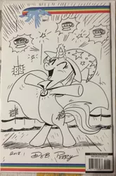 Size: 2571x3903 | Tagged: safe, artist:debmervin, derpibooru import, trixie, pony, unicorn, bipedal, cape, clothes, cup, eyes closed, happy, hat, monochrome, smiling, solo, teacup, that pony sure does love teacups, traditional art, trixie's cape, trixie's hat