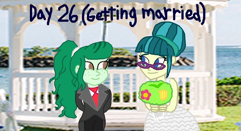 Size: 1500x818 | Tagged: safe, artist:ktd1993, derpibooru import, juniper montage, wallflower blush, equestria girls, clothes, dress, female, juniblush, lesbian, marriage, shipping, tuxedo, wedding, wedding dress