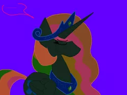 Size: 1076x806 | Tagged: safe, artist:eeveeglaceon, derpibooru import, princess celestia, pony, tumblr:the sun has inverted, ..., betrayed, blue background, blue sun, civil war, color change, crying, darkened coat, divided equestria, female, invert princess celestia, inverted, inverted colors, inverted princess celestia, sadness, sidemouth, simple background, solo, tumblr, word balloon, word bubble