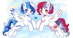 Size: 900x473 | Tagged: safe, artist:tsukuda, derpibooru import, ponified, pegasus, pony, abstract background, airline, airlines, all nippon airways, ana, blushing, bow, digital art, female, flying, heart, jal, japan airlines, mare, open mouth, spread wings, tail bow, wings