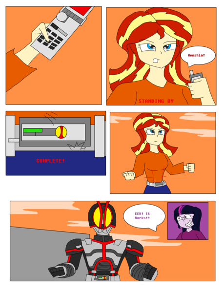 Size: 3424x4480 | Tagged: safe, artist:brandon-vortex, derpibooru import, sci-twi, sunset shimmer, twilight sparkle, equestria girls, comic, crossover, kamen rider, kamen rider faiz