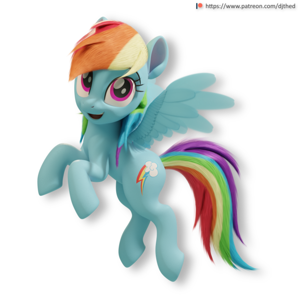 Size: 2176x2176 | Tagged: safe, artist:therealdjthed, derpibooru import, rainbow dash, pegasus, pony, 3d, 3d model, blender, cute, cycles, cycles render, female, flying, mare, model:djthed, patreon, patreon logo, simple background, solo, transparent background, wings