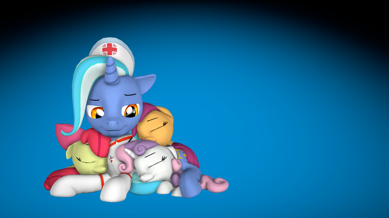 Size: 3840x2160 | Tagged: safe, artist:mr.tektite, derpibooru import, apple bloom, scootaloo, sweetie belle, oc, oc:cobalt, pony, 3d, clothes, cutie mark crusaders, justin blum, not trixie, nurse, nurse outfit, rest in peace, sleeping, source filmmaker