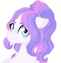 Size: 1448x1490 | Tagged: safe, artist:whalepornoz, derpibooru import, oc, oc:morning blossom, unofficial characters only, pony, bust, looking at you, offspring, parent:spearhead, parent:twinkleshine, ponytail, portrait, simple background, solo