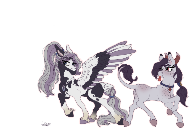 Size: 1200x806 | Tagged: safe, artist:pegasus004, derpibooru import, oc, oc:peppercorn, oc:salt water, pegasus, pony, cloven hooves, collar, demon horns, fangs, feather, hair tie, jewelry, leonine tail, necklace, ponytail, shire, tongue out