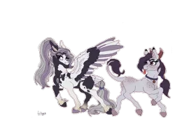 Size: 1200x806 | Tagged: safe, artist:pegasus004, derpibooru import, oc, oc:peppercorn, oc:salt water, pegasus, pony, cloven hooves, collar, demon horns, fangs, feather, hair tie, jewelry, leonine tail, necklace, ponytail, shire, tongue out