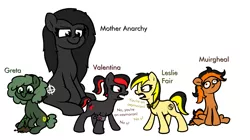 Size: 2161x1210 | Tagged: safe, artist:moonatik, derpibooru import, oc, oc:comrade valentina, oc:greta, oc:leslie fair, oc:mother anarchy, oc:muirgheal, unofficial characters only, pony, anarchism, anarcho-capitalism, anarcho-communism, anarchy, angry, antifa, argument, armband, bowtie, dialogue, female, filly, foal, happy, mare, mutualism, no u, plant, politics