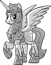 Size: 1434x1832 | Tagged: safe, artist:petirep, derpibooru import, oc, unofficial characters only, alicorn, pony, buck legacy, armor, black and white, bow, card art, clothes, determined, grayscale, helmet, jewelry, looking at you, male, monochrome, robe, robes, simple background, solo, transparent background, wings