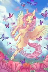 Size: 676x1000 | Tagged: safe, artist:12irinchan, derpibooru import, fluttershy, butterfly, pegasus, pony, chest fluff, colored hooves, complex background, cute, digital art, female, flower, flower field, flying, happy, hoof fluff, mare, open mouth, outdoors, shyabetes, sky, smiling, solo, spread wings, unshorn fetlocks, wings