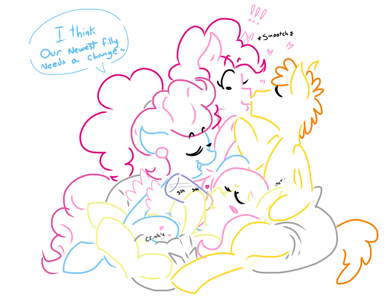 Size: 1792x1385 | Tagged: questionable, artist:doodledandy, derpibooru import, carrot cake, cup cake, fluttershy, pinkie pie, pony, baby bottle, blush sticker, blushing, carrotpie, comic, diaper, diaper check, diaper fetish, eyes closed, feeding, female, fetish, floating heart, foursome, group sex, heart, infidelity, kissing, limited palette, male, pissing, poofy diaper, sex, shipping, straight, urine, wetting