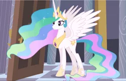 Size: 1462x940 | Tagged: safe, derpibooru import, screencap, princess celestia, alicorn, pony, princess twilight sparkle (episode), beautiful, cropped, crown, ethereal mane, ethereal tail, female, flowing mane, flowing tail, hoof shoes, jewelry, majestic, mare, multicolored mane, multicolored tail, necklace, regalia, smiling, solo, spread wings, wings