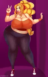 Size: 2000x3200 | Tagged: suggestive, artist:fladdykin, derpibooru import, adagio dazzle, human, equestria girls, rainbow rocks, adagio dat-azzle, belly button, big breasts, big lips, bimbo, bimboification, breasts, busty adagio dazzle, cameltoe, clothes, converse, erect nipples, extra thicc, female, heart, huge breasts, humanized, impossibly large breasts, impossibly wide hips, midriff, nipple outline, peace sign, shoes, solo, solo female, stupid sexy adagio dazzle, thick, thighs, thunder thighs, wide hips