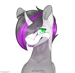 Size: 1024x1004 | Tagged: safe, artist:niyukay, derpibooru import, oc, oc:backy niramay, pony, unicorn, :p, alternate hairstyle, blushing, bust, curved horn, cute, ear fluff, green eyes, hair over one eye, heterochromia, horn, looking at you, multicolored coat, pink hair, portrait, silly, tongue out