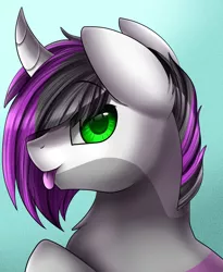 Size: 1446x1764 | Tagged: safe, artist:pridark, derpibooru import, oc, oc:backy niramay, pony, unicorn, :p, alternate hairstyle, bust, curved horn, cute, green eyes, hair over one eye, heterochromia, horn, looking at you, multicolored coat, pink hair, portrait, silly, tongue out