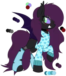 Size: 2128x2444 | Tagged: safe, artist:space--paws0w0, derpibooru import, oc, oc:major elegy, unofficial characters only, bat pony, pony, bat pony oc, bat wings, bedroom eyes, blood, choker, clothes, colored sclera, crying, edgy, eyeshadow, female, grin, heart, makeup, mare, raised hoof, reference sheet, smiling, socks, solo, stockings, sweater, tattoo, tears of blood, thigh highs, torn clothes, wings