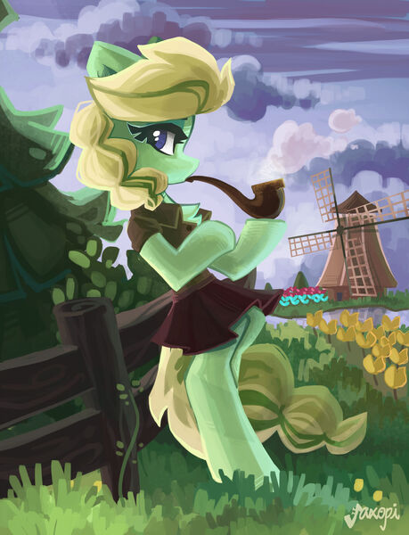 Size: 1600x2092 | Tagged: safe, artist:saxopi, derpibooru import, oc, unofficial characters only, pony, beautiful, bipedal, bipedal leaning, blouse, clothes, leaning, looking at you, netherlands, pipe, pleated skirt, skirt, smoke, smoking, solo, tulip, windmill