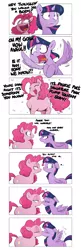 Size: 935x2886 | Tagged: safe, artist:shoutingisfun, derpibooru import, pinkie pie, twilight sparkle, twilight sparkle (alicorn), alicorn, earth pony, pony, bait and switch, blushing, chubbie pie, chubby, comic, dialogue, eyes closed, female, good end, kissing, lesbian, mare, misunderstanding, mood whiplash, shipping, simple background, spread wings, sweat, twinkie, wingboner, wings