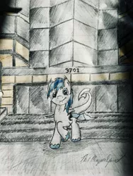 Size: 3024x4032 | Tagged: safe, artist:magpulpony, derpibooru import, oc, oc:strategic surprise, unofficial characters only, dracony, dragon, hybrid, pony, building, lined paper, notepad, smiling, traditional art