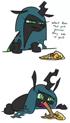 Size: 467x821 | Tagged: safe, artist:jargon scott, derpibooru import, queen chrysalis, changeling, changeling queen, 2 panel comic, bugs doing bug things, comic, dialogue, fangs, female, food, frown, glare, leaning, licking, long tongue, looking at something, meat, mlem, open mouth, peetzer, pepperoni, pepperoni pizza, pizza, silly, silly changeling, simple background, slit eyes, solo, talking, tasting, tongue out, white background