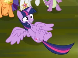 Size: 651x483 | Tagged: safe, derpibooru import, screencap, applejack, rarity, spike, twilight sparkle, twilight sparkle (alicorn), alicorn, dragon, earth pony, pony, unicorn, princess twilight sparkle (episode), big crown thingy, cropped, crown, element of honesty, element of magic, female, jewelry, lying down, male, mare, offscreen character, regalia, solo focus, spread wings, wings