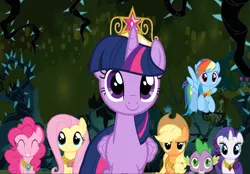 Size: 1345x937 | Tagged: safe, derpibooru import, screencap, applejack, fluttershy, pinkie pie, rainbow dash, rarity, spike, twilight sparkle, twilight sparkle (alicorn), alicorn, dragon, earth pony, pegasus, pony, unicorn, princess twilight sparkle (episode), big crown thingy, black vine, cropped, crown, element of generosity, element of honesty, element of kindness, element of laughter, element of loyalty, element of magic, elements of harmony, eyes closed, female, flying, jewelry, male, mane seven, mane six, mare, necklace, regalia, smiling, spread wings, wings