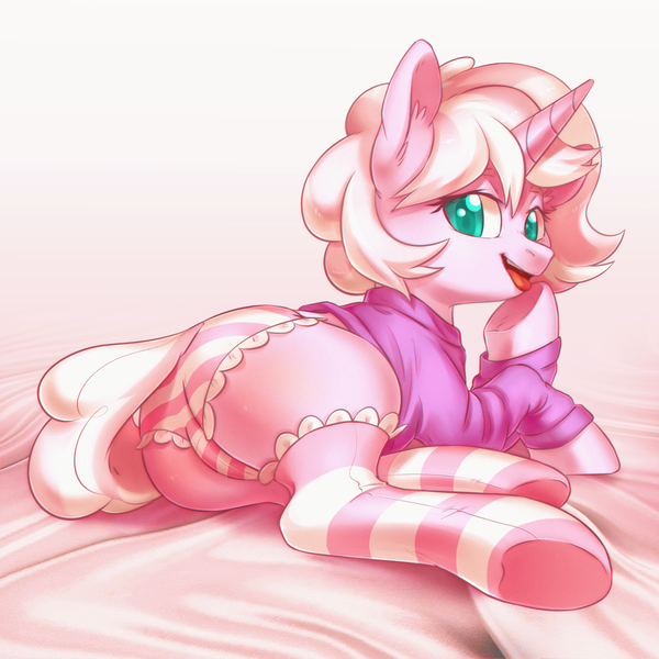 Size: 2000x2000 | Tagged: questionable, artist:lightning-stars, derpibooru import, oc, oc:marshmallow fluff, unofficial characters only, pony, unicorn, bed, clothes, cute, digital art, female, frilly underwear, laying on bed, lying down, mare, on bed, open mouth, panties, pink, pink underwear, sexy, socks, solo, stockings, striped socks, striped underwear, thigh highs, tongue out, underhoof, underwear