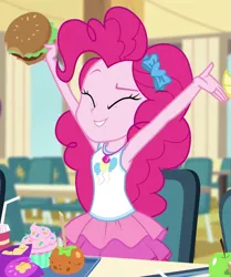 Size: 739x883 | Tagged: safe, derpibooru import, screencap, pinkie pie, equestria girls, equestria girls series, schedule swap, spoiler:eqg series (season 2), armpits, arms in the air, burger, caramel apple (food), cheeseburger, chips, clothes, cupcake, cute, diapinkes, eyes closed, female, food, frosting, geode of sugar bombs, hamburger, junk food, magical geodes, potato chips, skirt, smiling, that human sure does love burgers