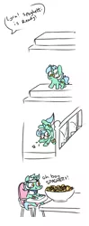 Size: 576x1450 | Tagged: artist:lockheart, bone, broken horn, broken teeth, chair, comic, derpibooru import, dialogue, falling, female, filly, filly lyra, food, horn, injured, l.u.l.s., lyra heartstrings, neck brace, ouch, pasta, safe, simple background, spaghetti, speech bubble, squatpony, stairs, text, tooth, white background, younger